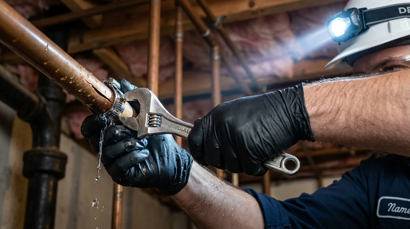 Emergency pipe clamp repair being performed by a Johns Plumbing LLC plumber in Zebulon