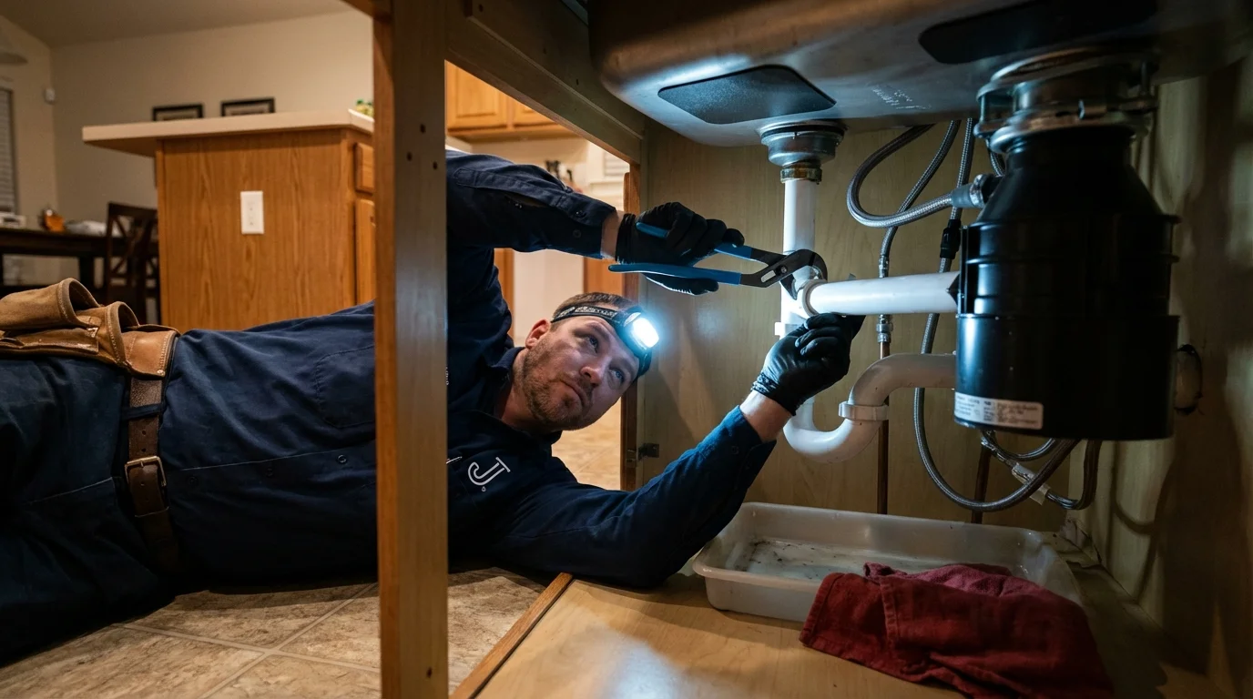 P-trap and supply line connections under a kitchen sink showing a common leak point in Zebulon, GA
